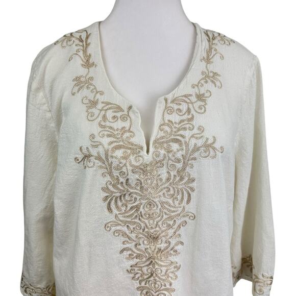 Norm Thompson Linen Blend Cream Embroidered Women's Tunic Top Size Large - Picture 2 of 7